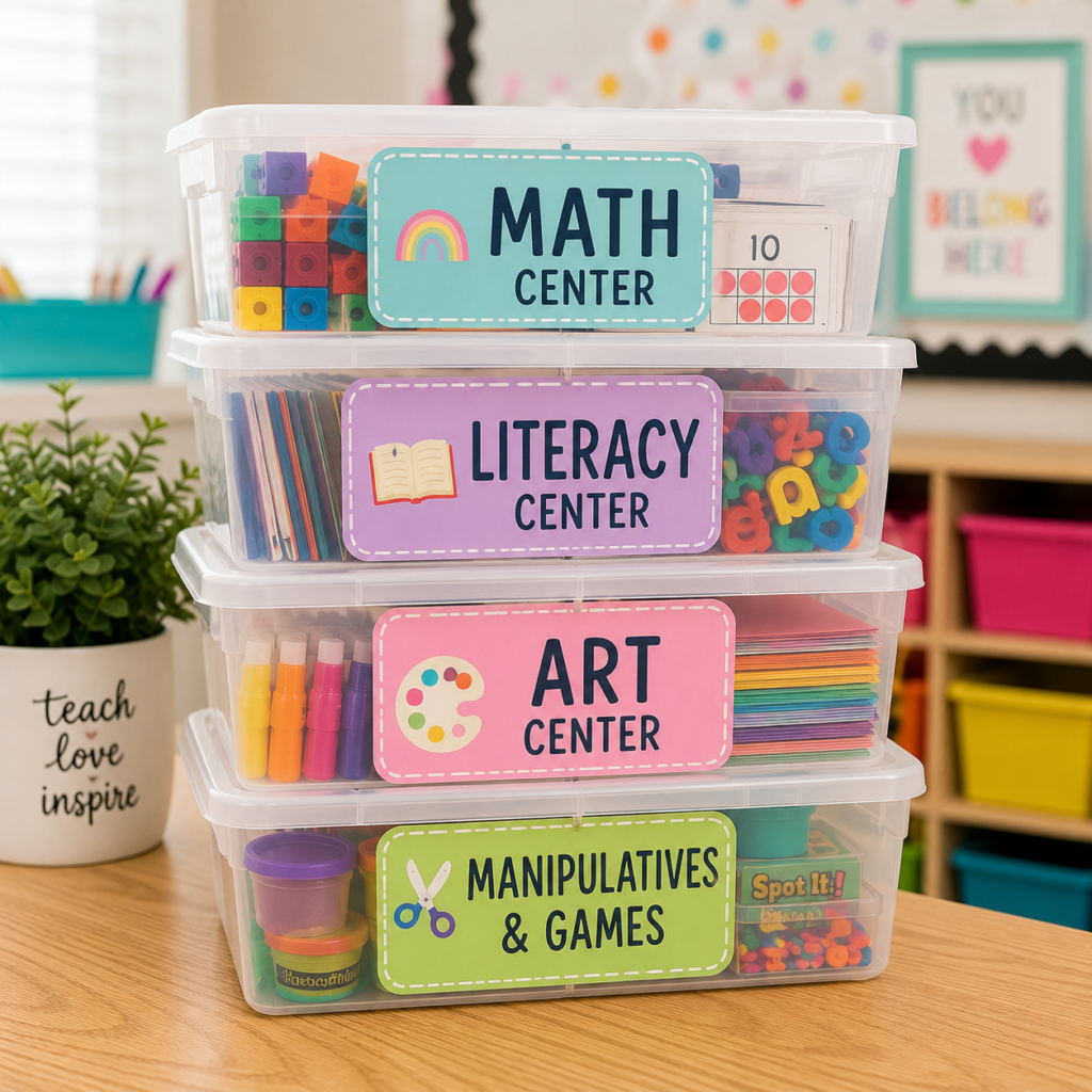 Pre-K storage bins for classroom setup and organization