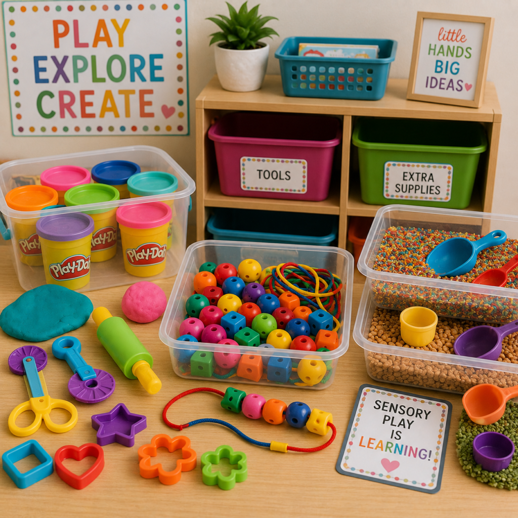 Classroom setup of Pre-K fine motor center and essential supplies list