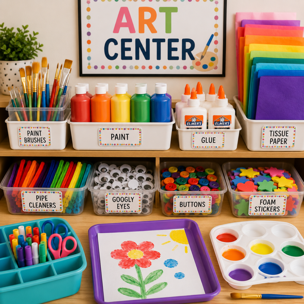 Classroom setup of Pre-K art center and essential supplies list