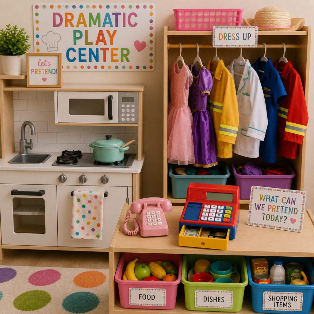 Classroom setup of Pre-K dramatic play center and essential supplies list