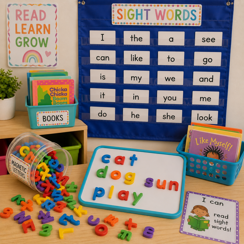 Classroom setup of Pre-K literacy center and essential supplies list