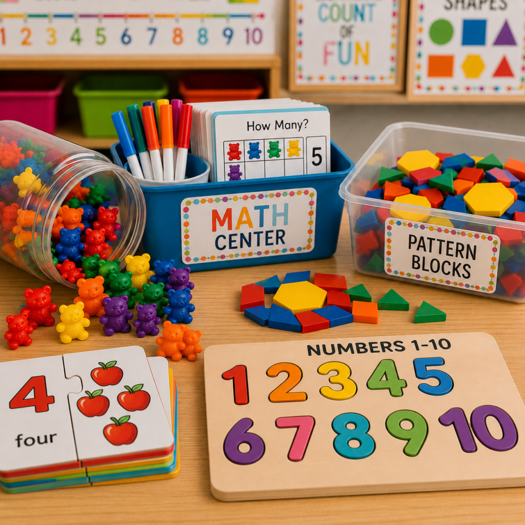 Classroom setup of Pre-K math center and essential supplies list