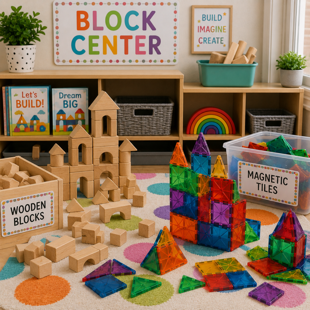 Classroom setup of Pre-K block center and essential supplies list